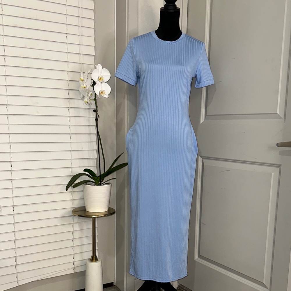 Powder Blue Ribbed Midi/Maxi Dress with pockets